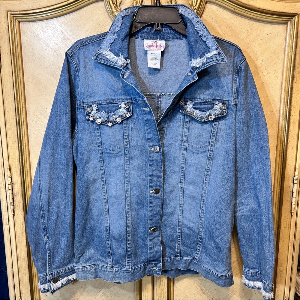 Quacker Factory Blue Denim Embellished Heart Star Charm Fringe Jacket - Picture 5 of 10
